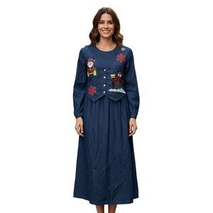 Mosaic Size 10 Twofer Denim Long Dress Embroidered Snowman Print Winter Teacher